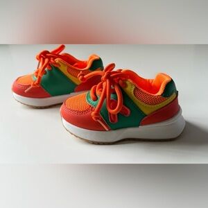 Child Toddler Sneakers Lace-Up Orange Green Yellow Running Shoes Size 5 to 5.5